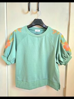 Women's Mint Green Puff-Sleeve Sweatshirt with Orange Floral Embroidery